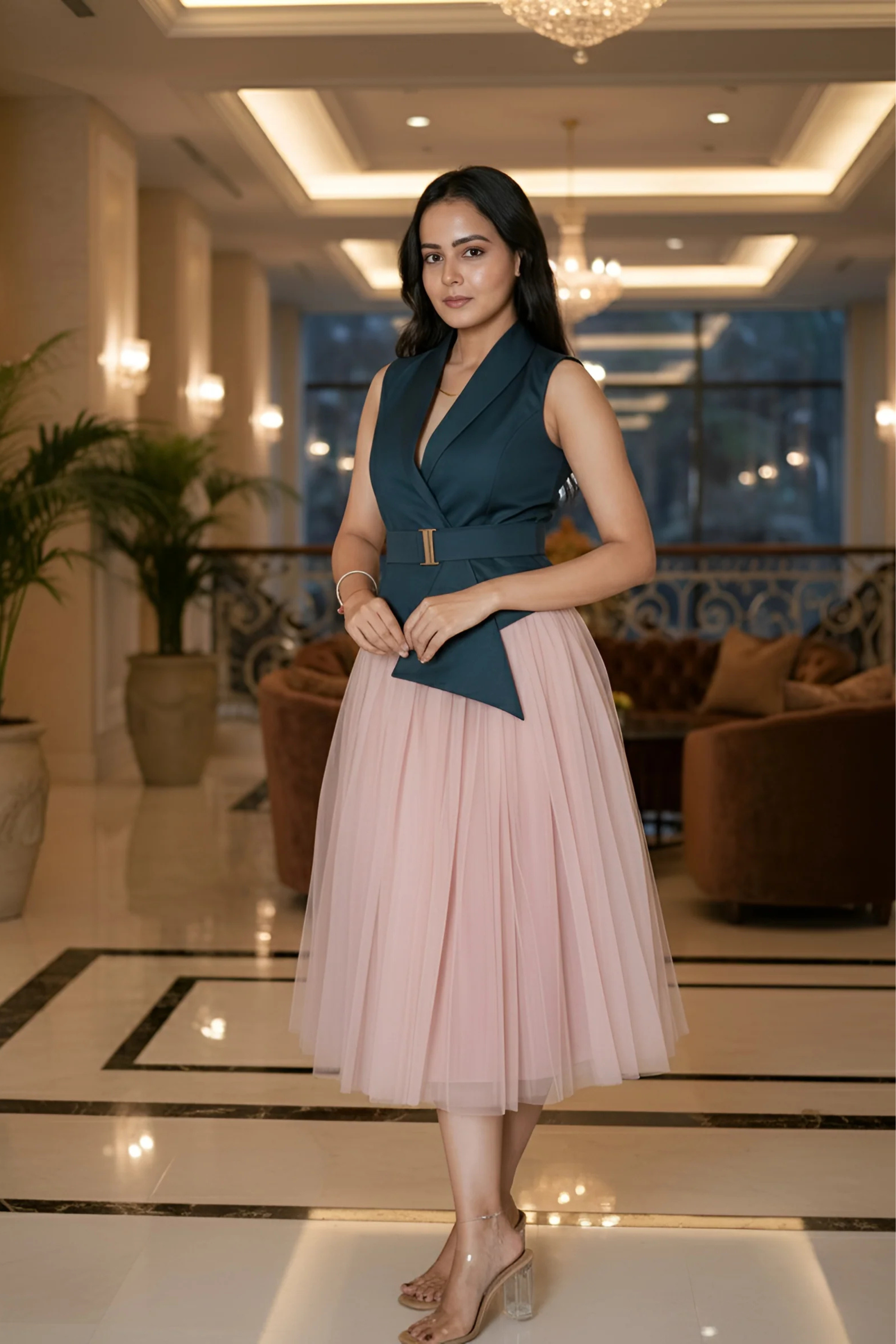Salmon Pink skirt & Teal waist coat – A Striking Duo